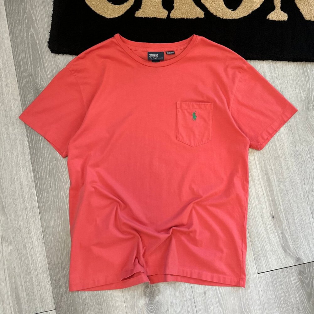 Vintage Polo by Ralph Lauren Men's Pink/Red Single Stitch Pocket T-Shirt Medium